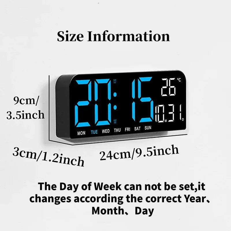 USB Powered 9 Inch Large Digital Wall Clock Temperature Date Week Timing Countdown Auto-Dimmer 2 Alarm 12/24H LED Alarm Clock