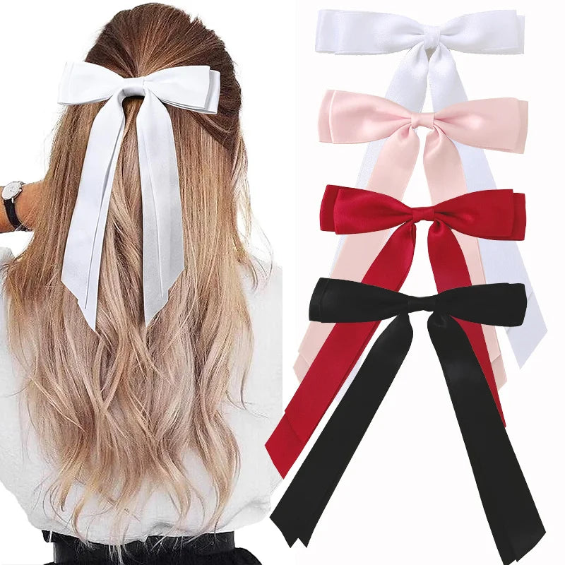 2/4Pcs Women Fashion Bilayer Bow Hair Clips, Soft Long-Tailed Bow Hairpins