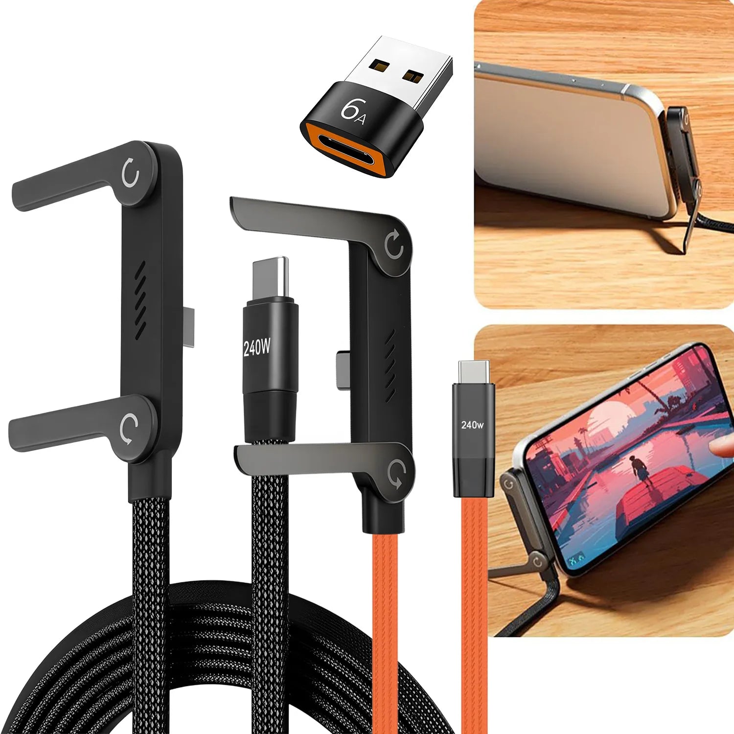 USB Type-C 240W Super Fast Charging Cable 2-in-1 Folding Holder For iPhone 15-17 Android Phone Charger Cable USB To Type-C