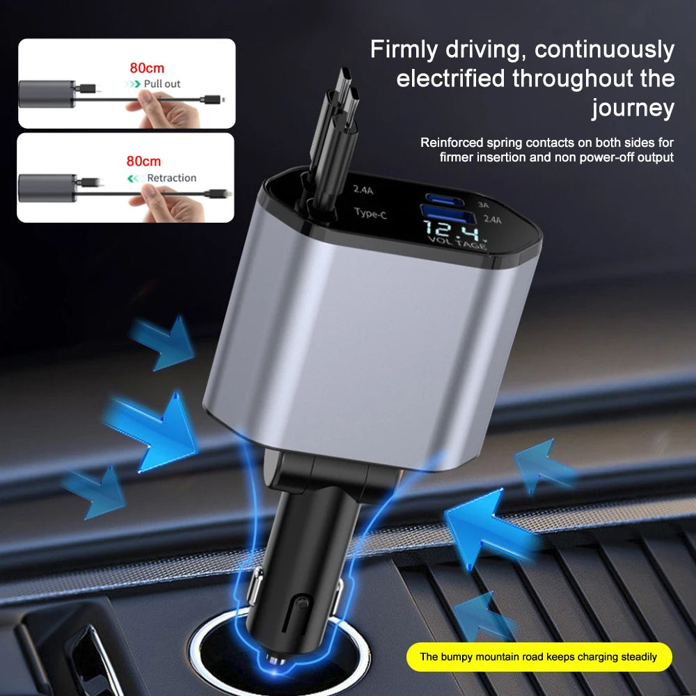 4 IN 1 Car Phone Charger 120W Type C 66W+2.4A Charging Cable with Retractable Cords with Volt Display For IPhone Huawei Samsung