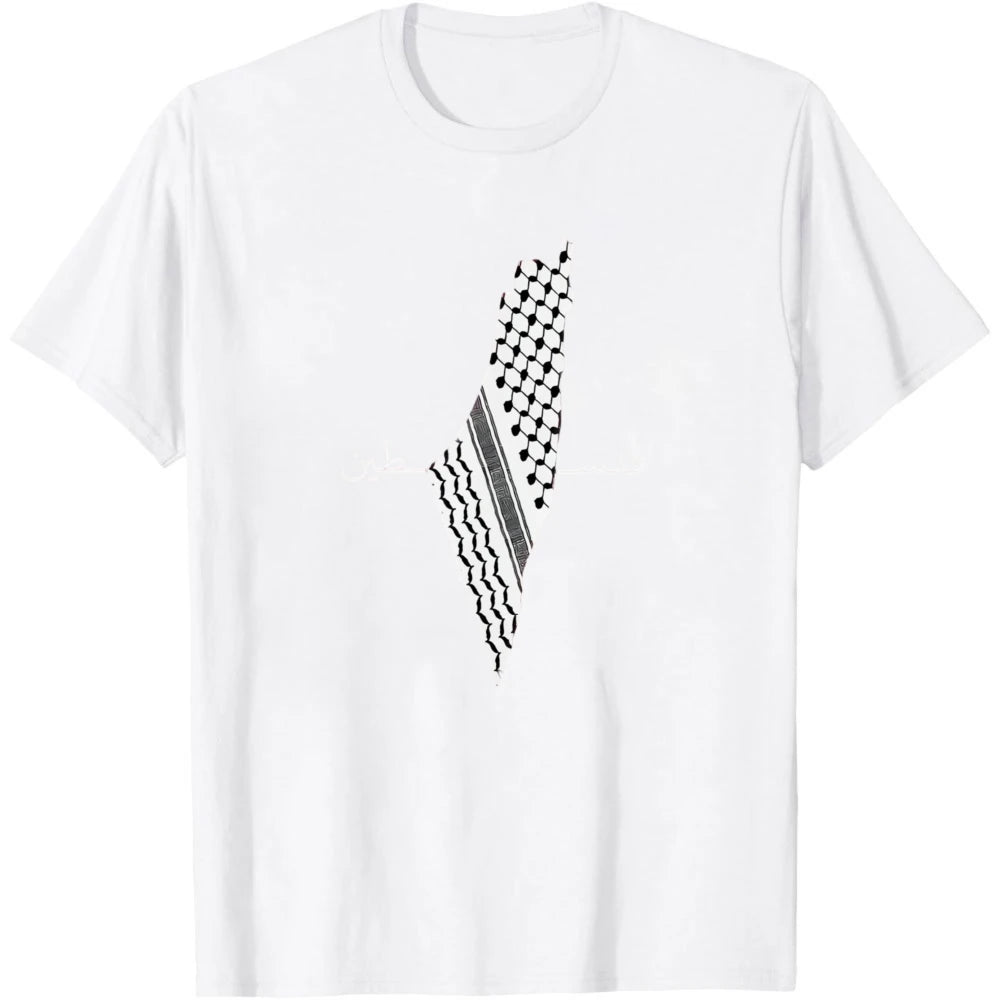Palestine Keffiyeh Map Arabic Calligraphy Print Cotton T Shirt Men Heritage Patriotic Casual Graphic Tees Summer Men Clothing