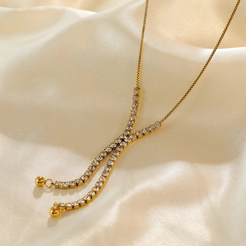 GANEMLY 316L Stainless Steel Sparkle Zircon Tassel Pendant Necklace For Women New Party Gift Stylish Dangle Neck Chain Jewelry
