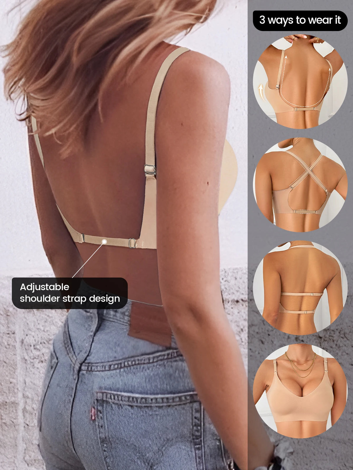 Women Invisible Bra Deep U Plunge Bras Backless Top for Dresses