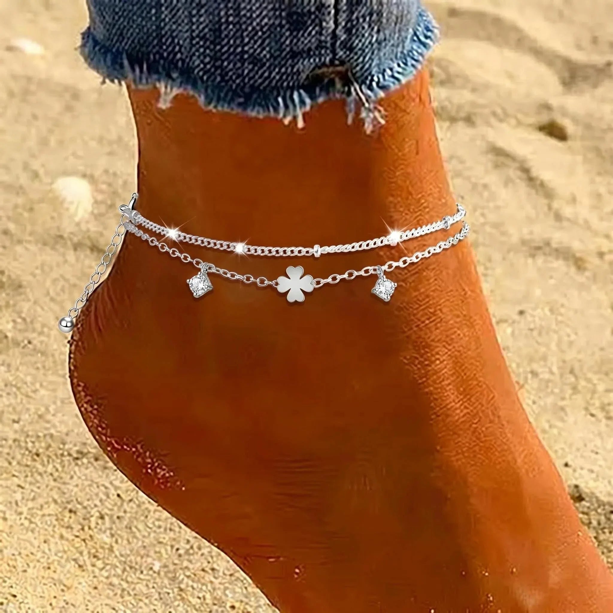 925 Silver Plated Lucky Clover CZ Anklets Waterproof Heart Charm