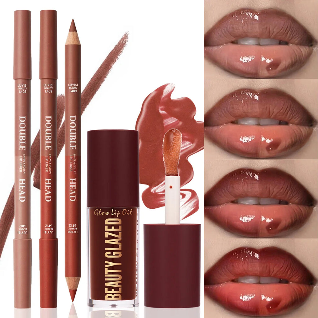 3pcs/Set Lip Makeup Set,2pcs Matte Dual-Color Lip Liner+1pc Moisturizing