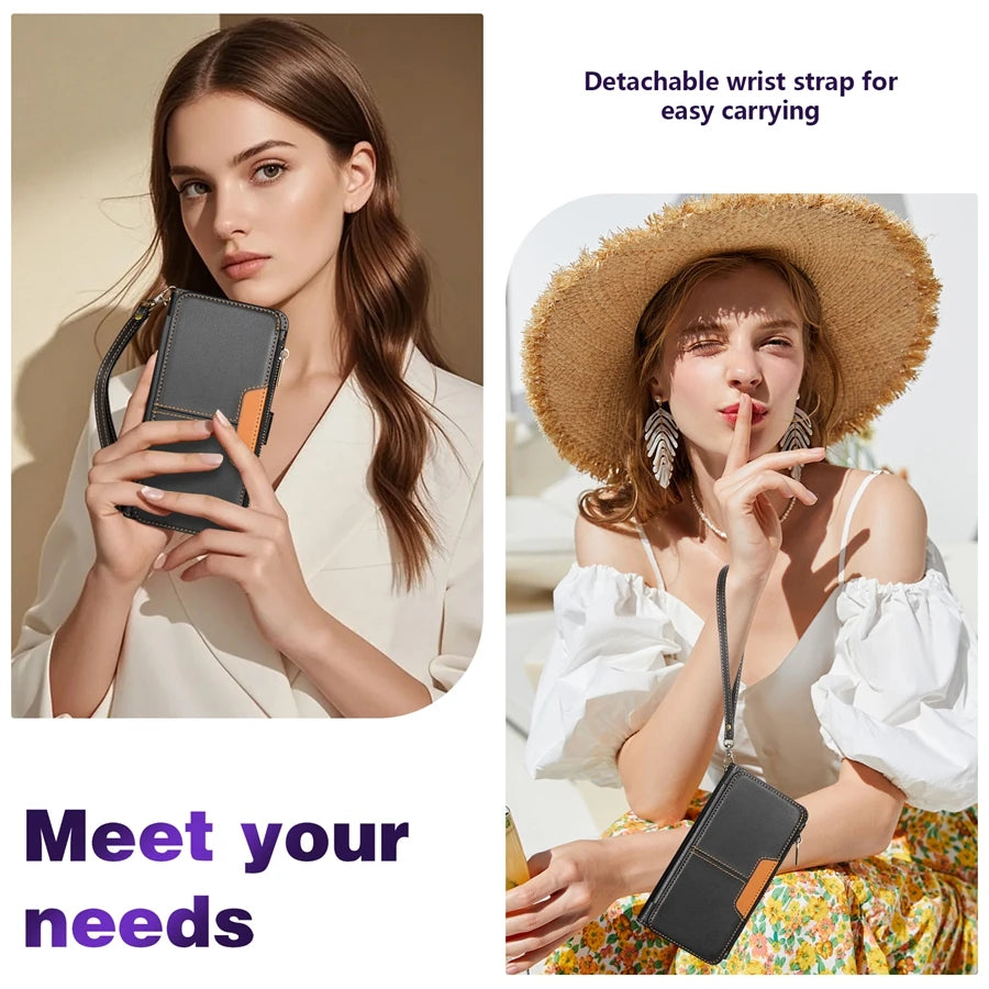 Wallet Multi-card Slot Zipper Kickstand Magnetic Flip Leather Case For iPhone 17 Pro Max 17e Air 16e 15 Plus 14 13 12 11 XR 8 7