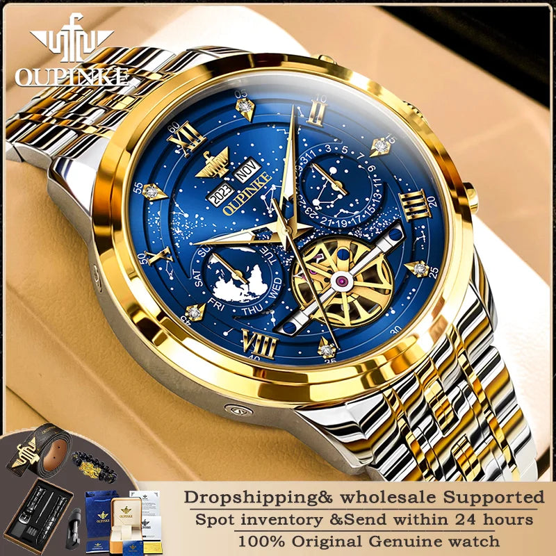 OUPINKE 3255 Men Watch Luxury Brand Swiss Movement Starry Sky Skeleton Waterproof