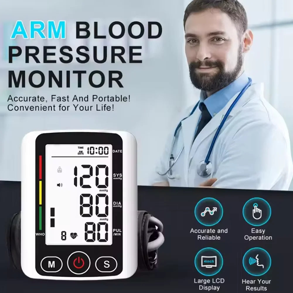 Automatic Digital Arm Blood Pressure Monitor Sphygmomanometer Tonometer Tensiometer Heart Rate Pulse Meter BP Monitor Healthy