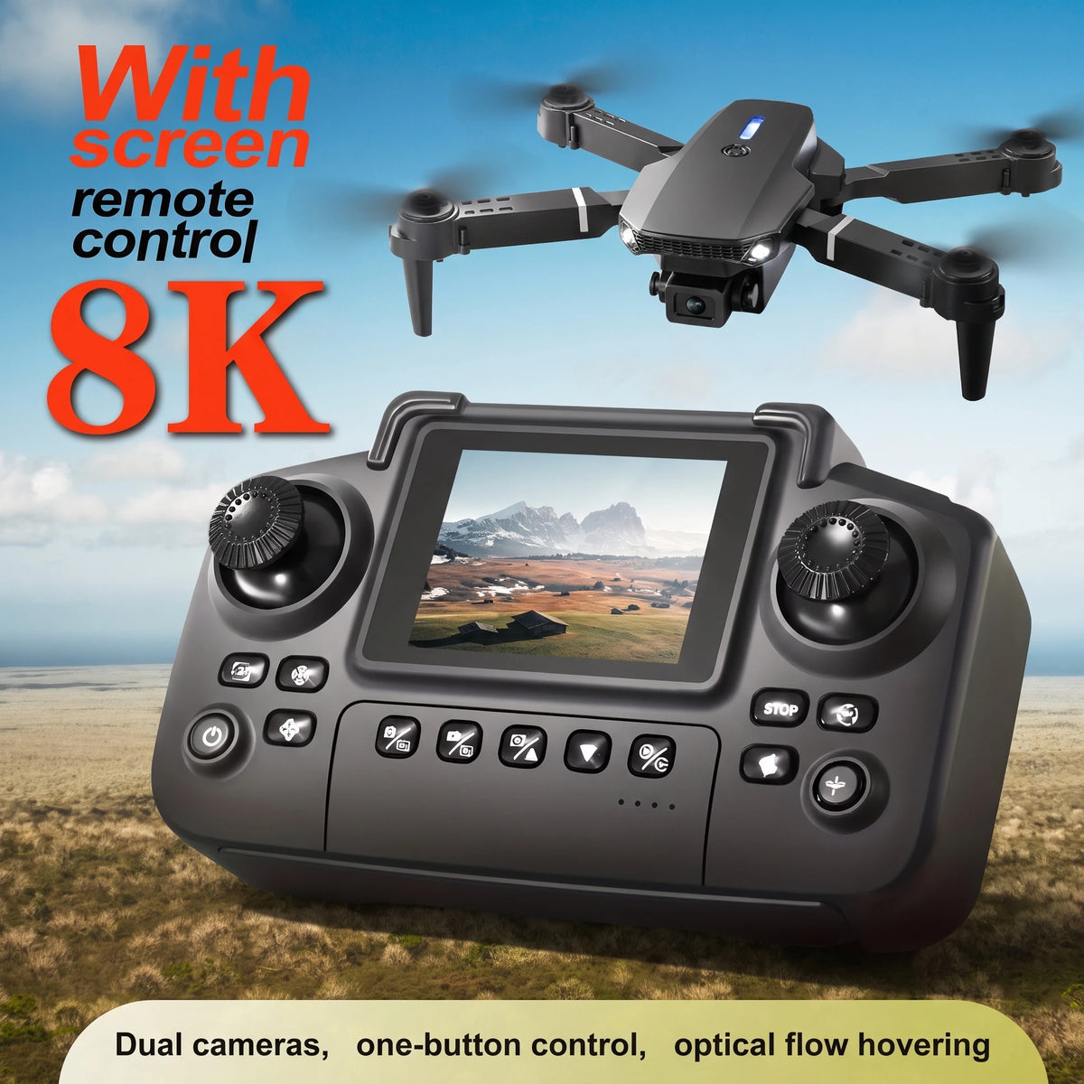 The 2026 Upgraded E88PRO MAX Foldable Drone Features Dual Cameras, Extra Batteries, an 8K Screen for Remote Control