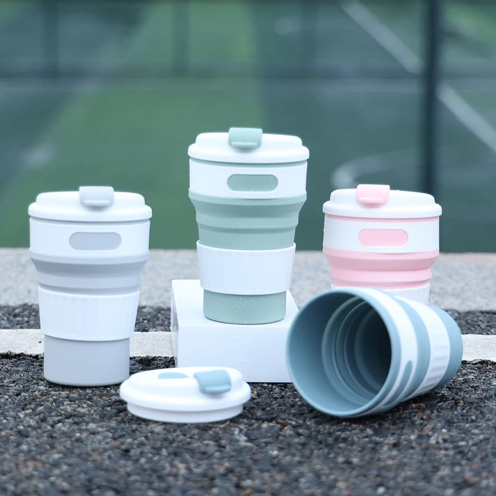 350ML Food-Grade Silicone Folding Cup Portable Travel Mug with Lid Leak Proof Collapsible Reusable for Hot Cold Drinks Outdoor