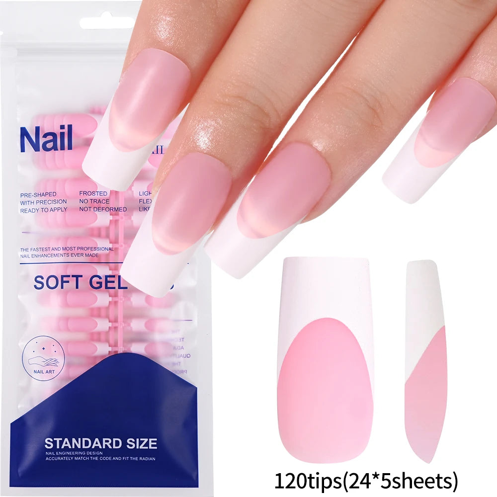 120Pcs Glossy Medium Coffin Press On Nails Pink Gradient French Fake Nails Acrylic Full Cover Ballerina False Nails For Women