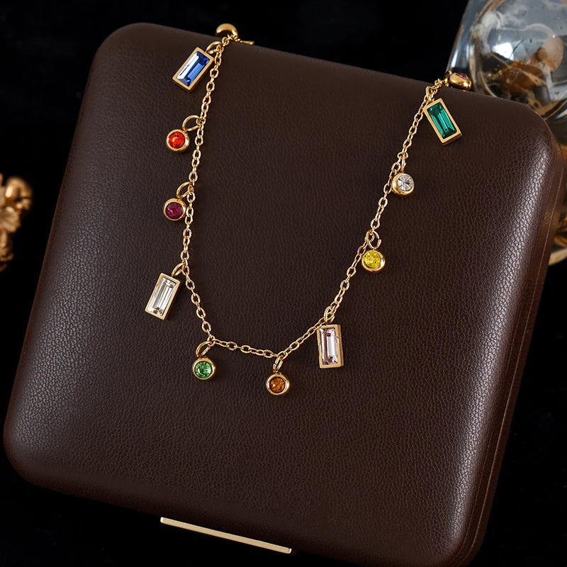 GANEMLY 316L Stainless Steel Sparkle Zircon Tassel Pendant Necklace For Women New Party Gift Stylish Dangle Neck Chain Jewelry