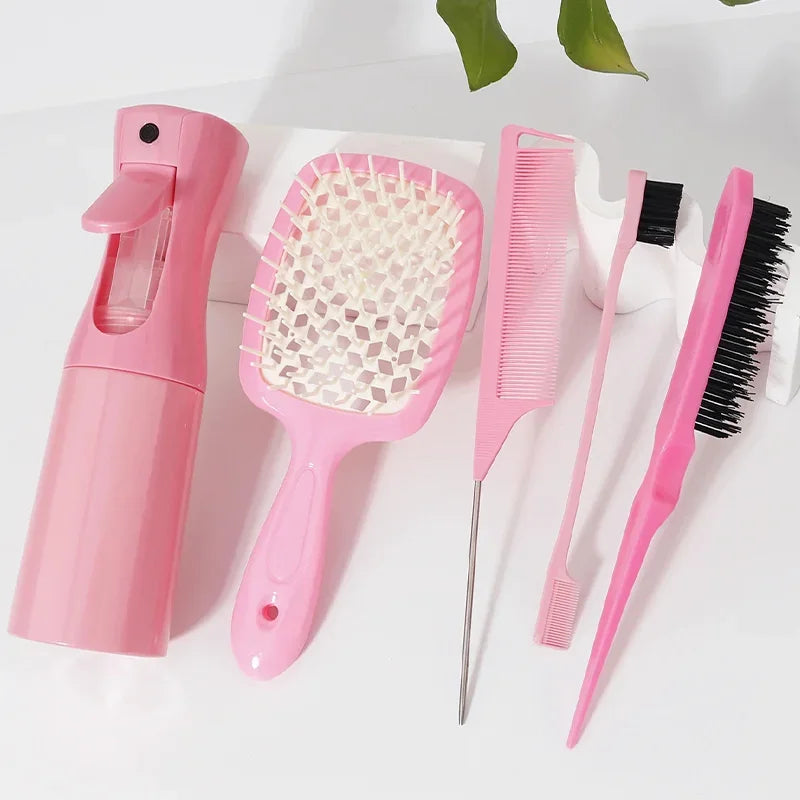 5pcs Hair Tool Set Air Cushion Hollow Comb Scalp Massage Rat Tail Comb Teasing Comb Edge Control Brush Hair Spray Bottle Salon