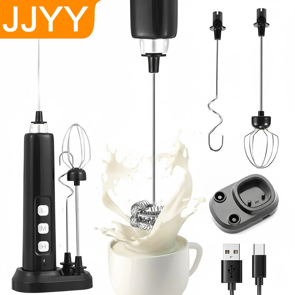 Rechargeable Handheld Milk Frother Mini Electric Mixer with 3 Speeds Whisking and Baking Tools Multi-functional Attachments