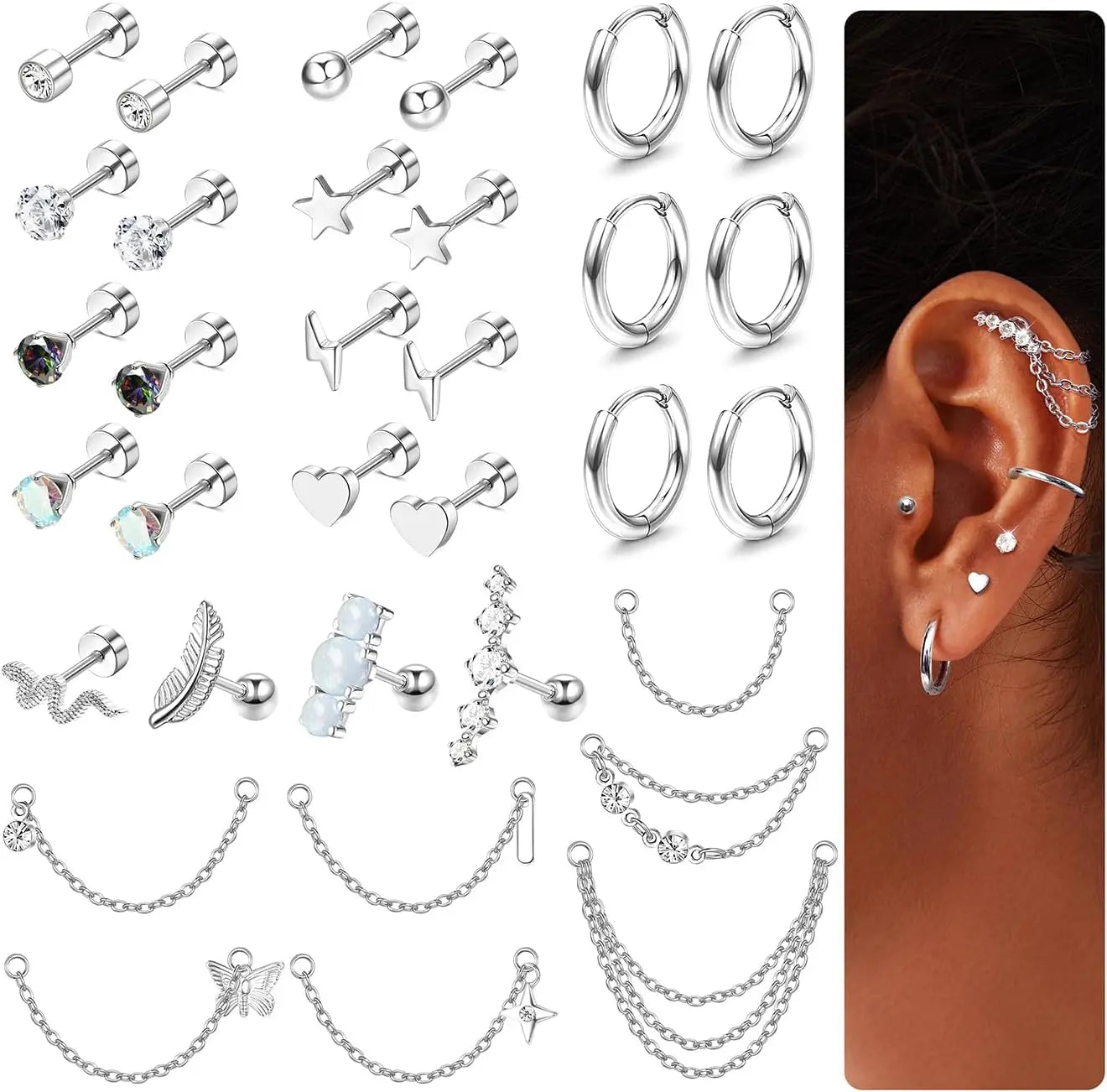 33Pcs 20G Cartilage Earrings Set for Women Men Surgical Steel Earrings