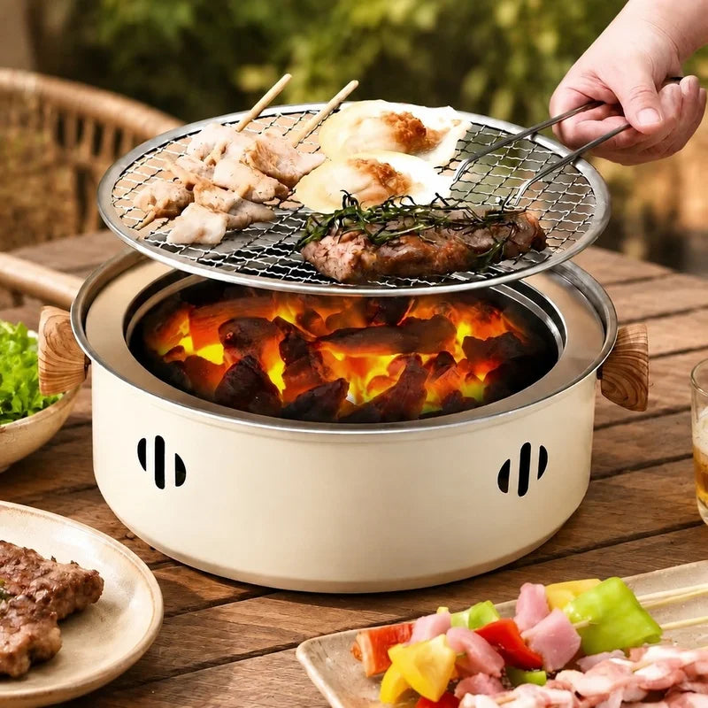 Portable Stainless Steel Charcoal BBQ Grill with Removable Cooking Grate for Indoor and Outdoor Cooking
