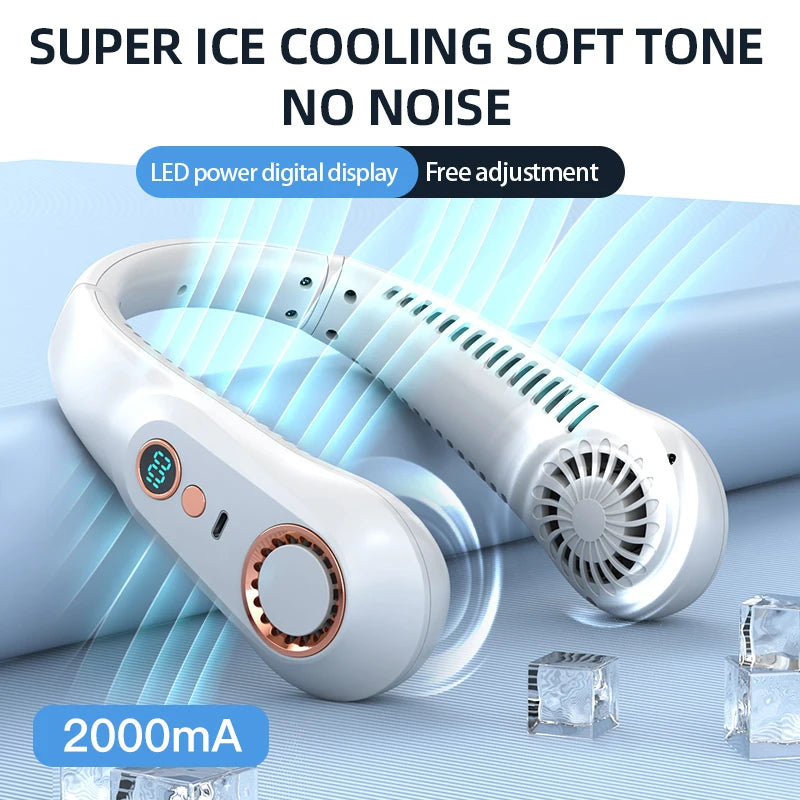 New Summer Portable Mini Hanging Neck Fan Bladeless Neckband Fan Digital Display Power Air Cooler USB Rechargeable Electric Fans