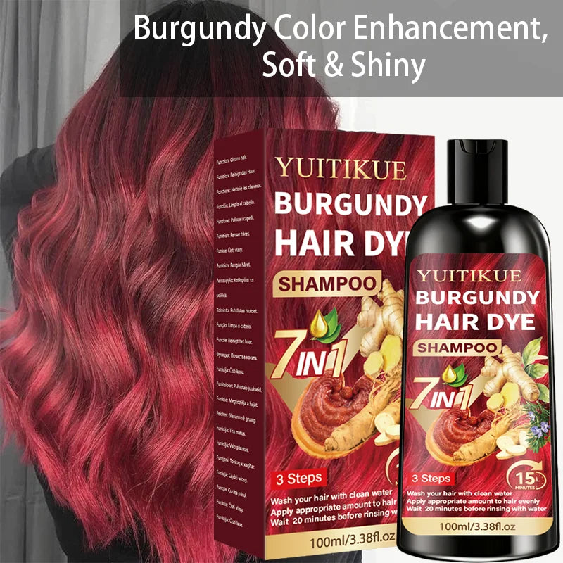 100ml YUITIKUE Burgundy Hair Color Shampoo 7 In 1 Plant Infused Cover Gray Hair Simple Home Hair Coloring Daily Use