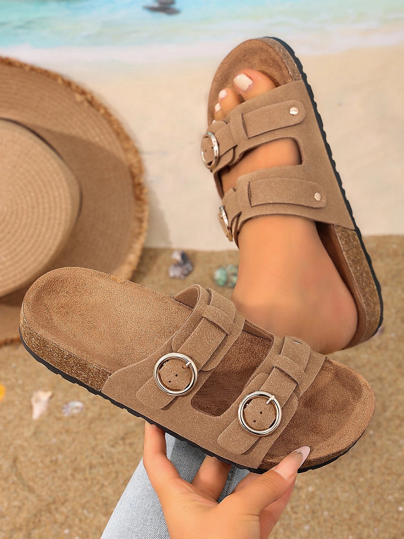 Women's All-Season Casual Simple Solid Color Pu Upper Cork-Patterned Flat Slip-On Sandals with Adjustable Round Buckle and Double Straps, Comfortable Beach Slide Sandals
