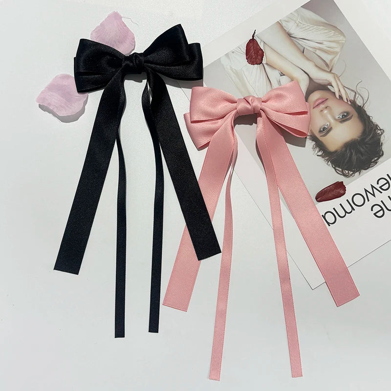 Solid Double Bowknots Hair Clips Women Long Ribbon Bow