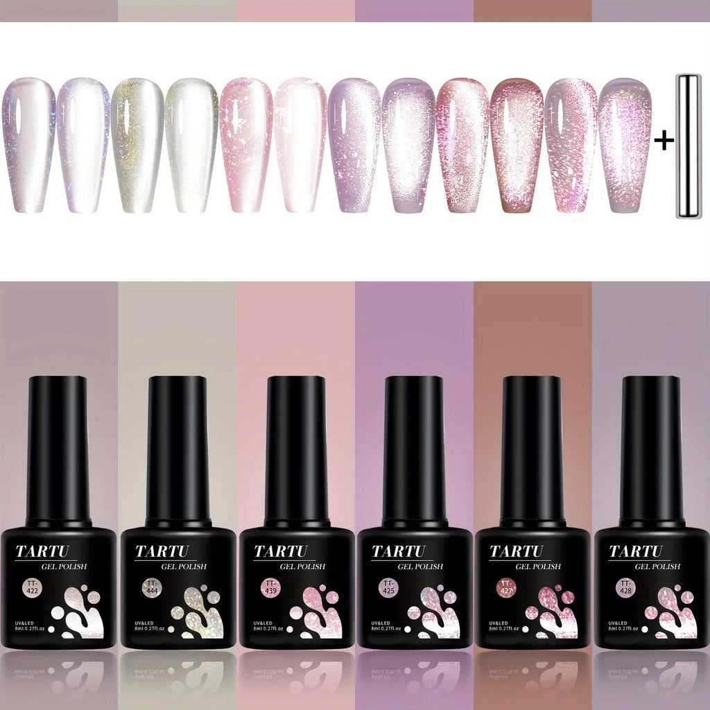 TARTU 6pcs 8ml Cat Eye Gel Nail Polish Set, 6 Colors Gel Polish Kit, Soak Off for Uv/Led, for Salon and Nail Art DIY At Home