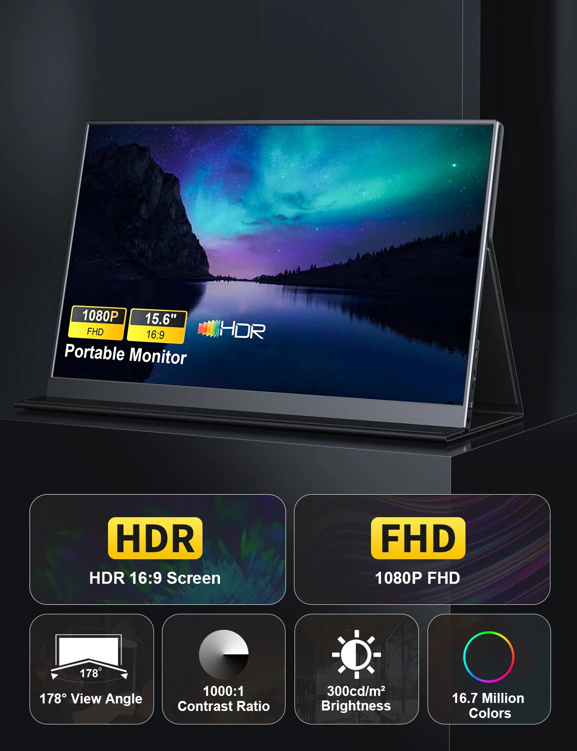 Amoudo 15.6 Inch Portable Monitors 1920*1080P Fhd Laptop Screen Extender Ips Display Screen Monitor for Laptop/Pc/Phone