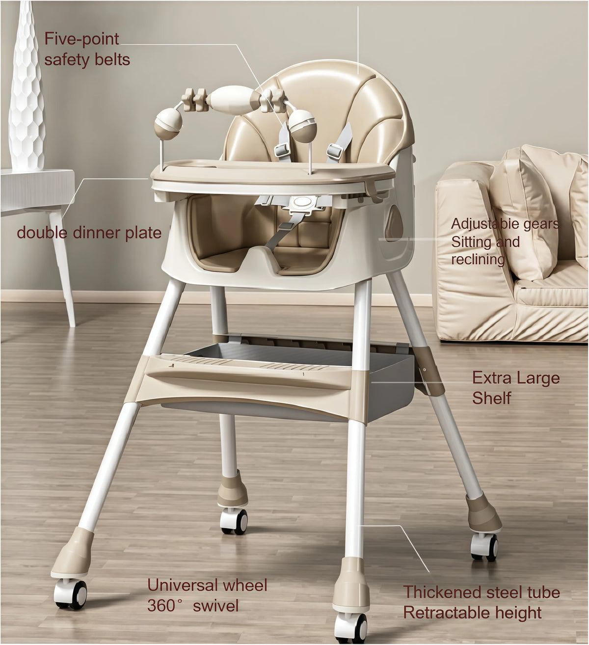 Multifunctional High Chair for feeder Baby Dinner wide Space Seat folk Aluminum