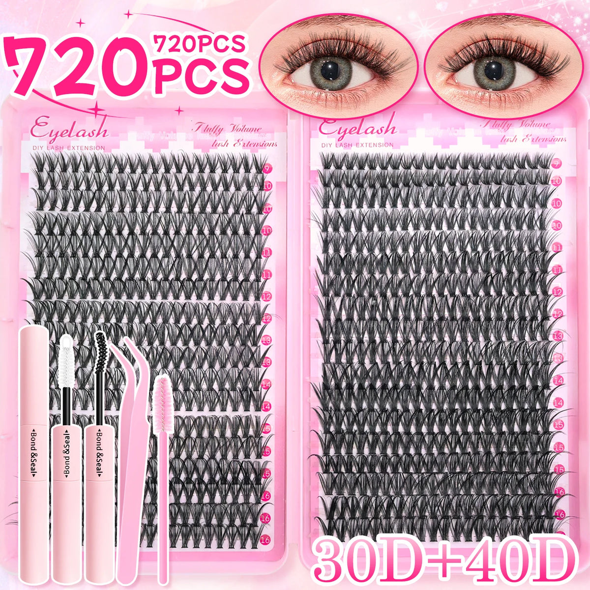 720 Cluster 30-100D Lashes Kit – 3 Sizes, Mix-&-Match Lengths for Custom Volume! Buildable, Fluffy Glam