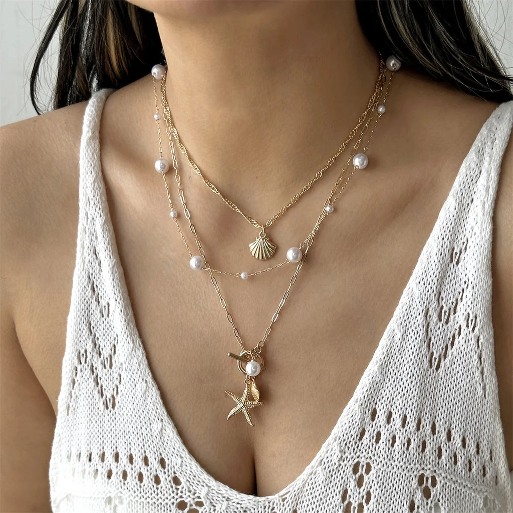 Bohemian Starfish Shell Pendant Necklace For Women Trendy Summer Beach Pearl Chain OT Buckle Choker Girls Travel Party Jewelry
