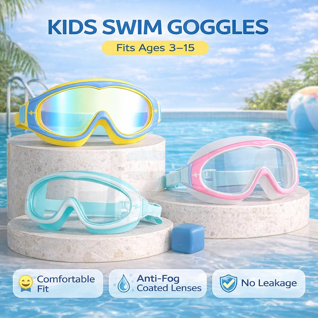 JSJM New Kids Swimming Goggles Big Frame HD Wide View Anti-Fog Waterproof Swim Mask For Boys Girls Ages 3-15 Multi-Color Choice