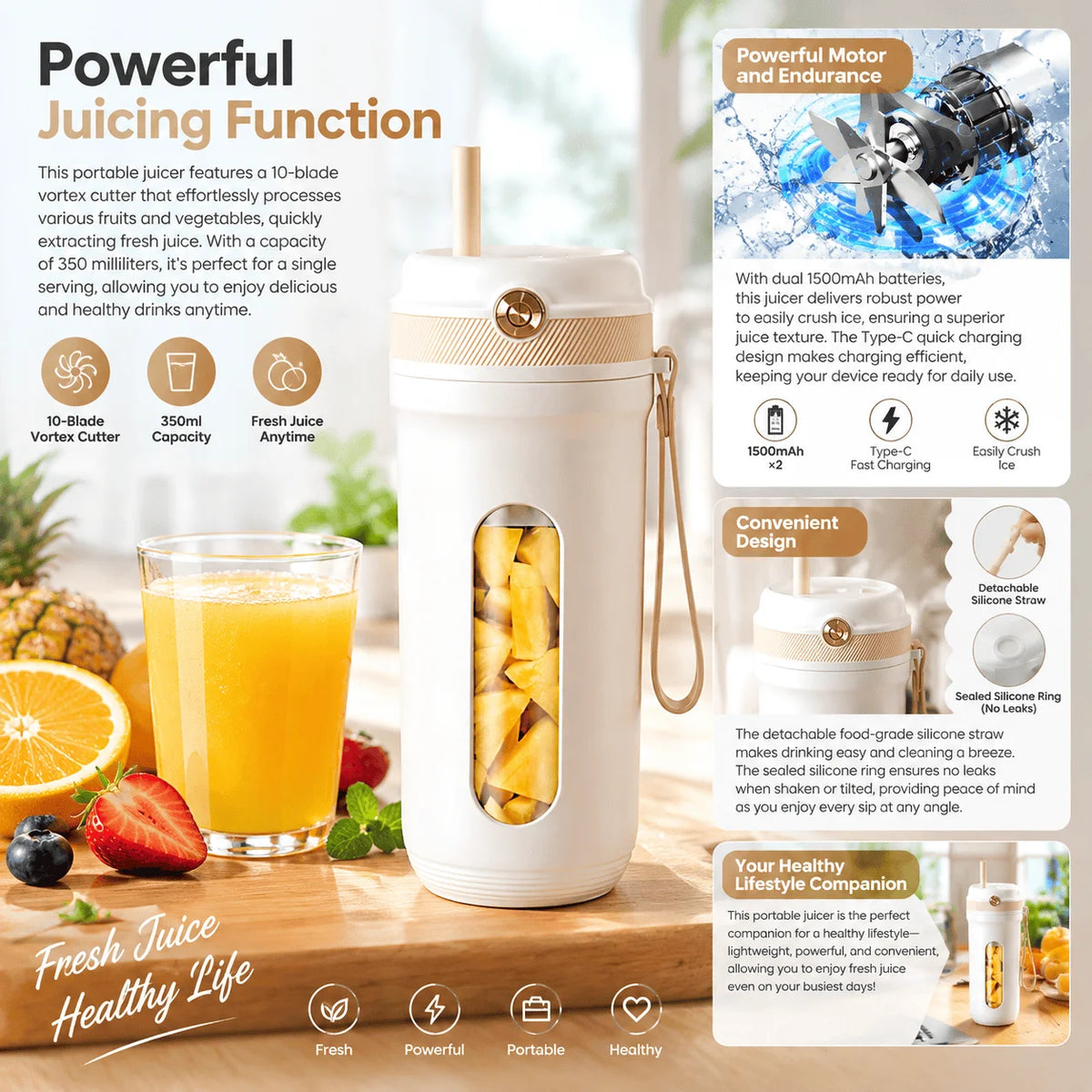 USB Rechargeable Electric Juicer Cup, Portable Mini Smoothie Blender Ice Crusher