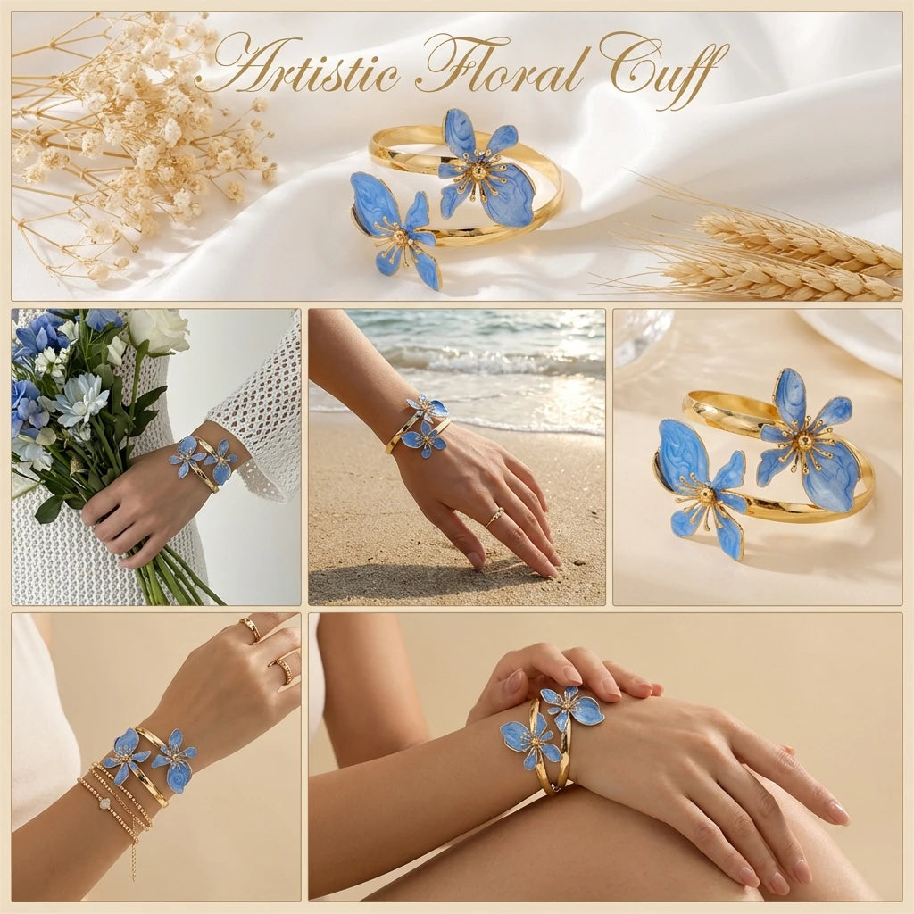 Elegant Enamel Flower Open Cuff Bracelet For Women Gold Plated Metal Pink White Blue Floral Bangles Beach Party Vacation Jewelry