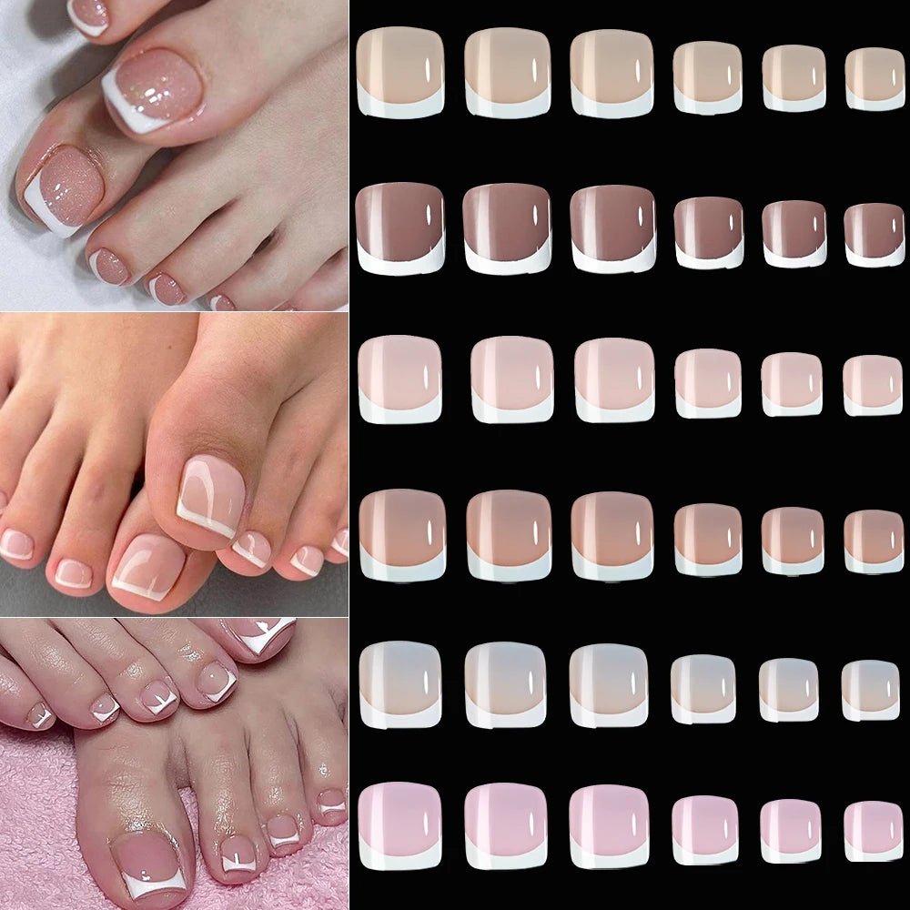 120pcs/Box French Tip Press-On Toenails Pink Color System Square Shape Foot Nails Short Length Glossy Finish False Toe Nails Set