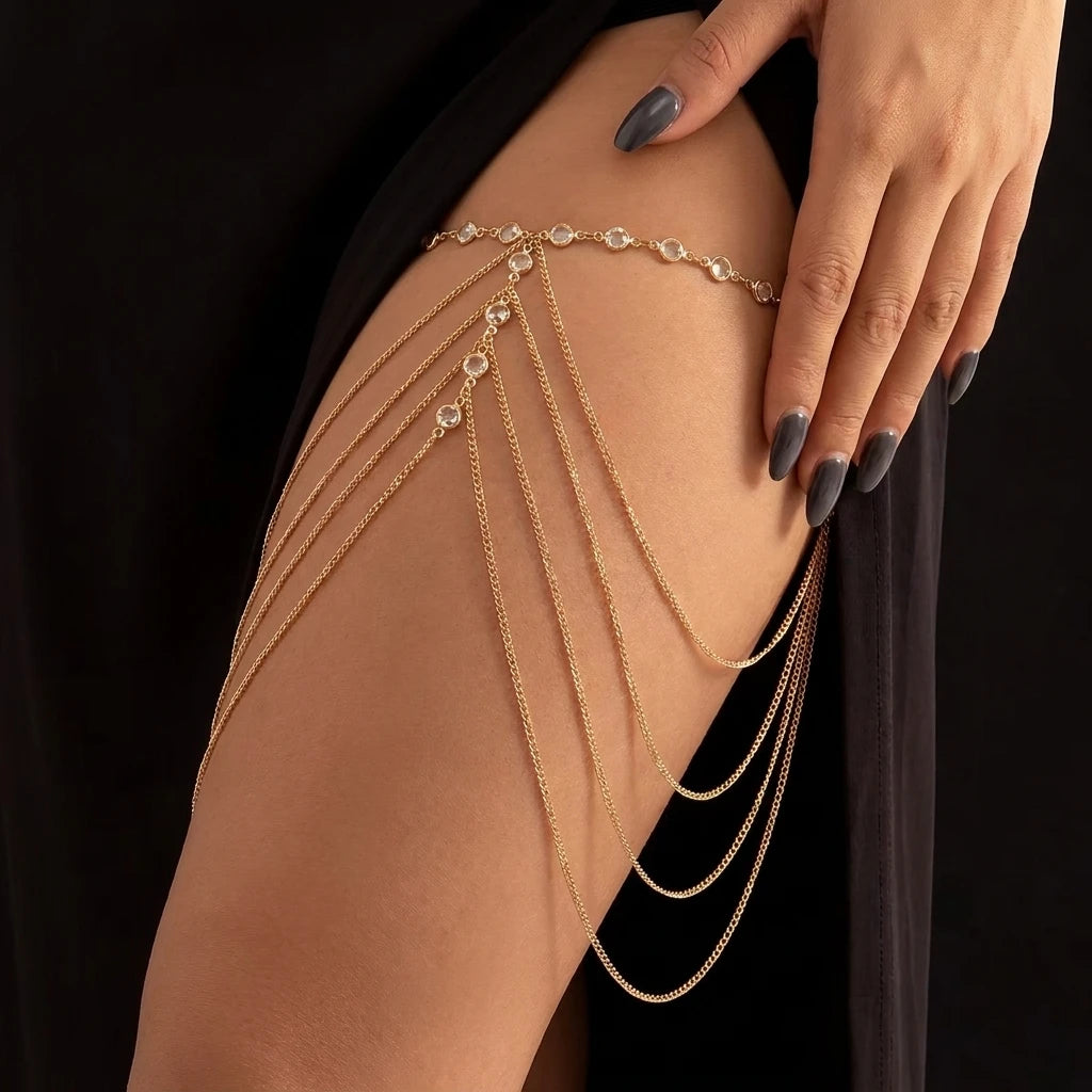 Sexy Multilayer Rhinestone Thigh Chain For Women Bling Zircon Long Tassel Starfish Pearl Leg Harness Summer Beach Body Jewelry