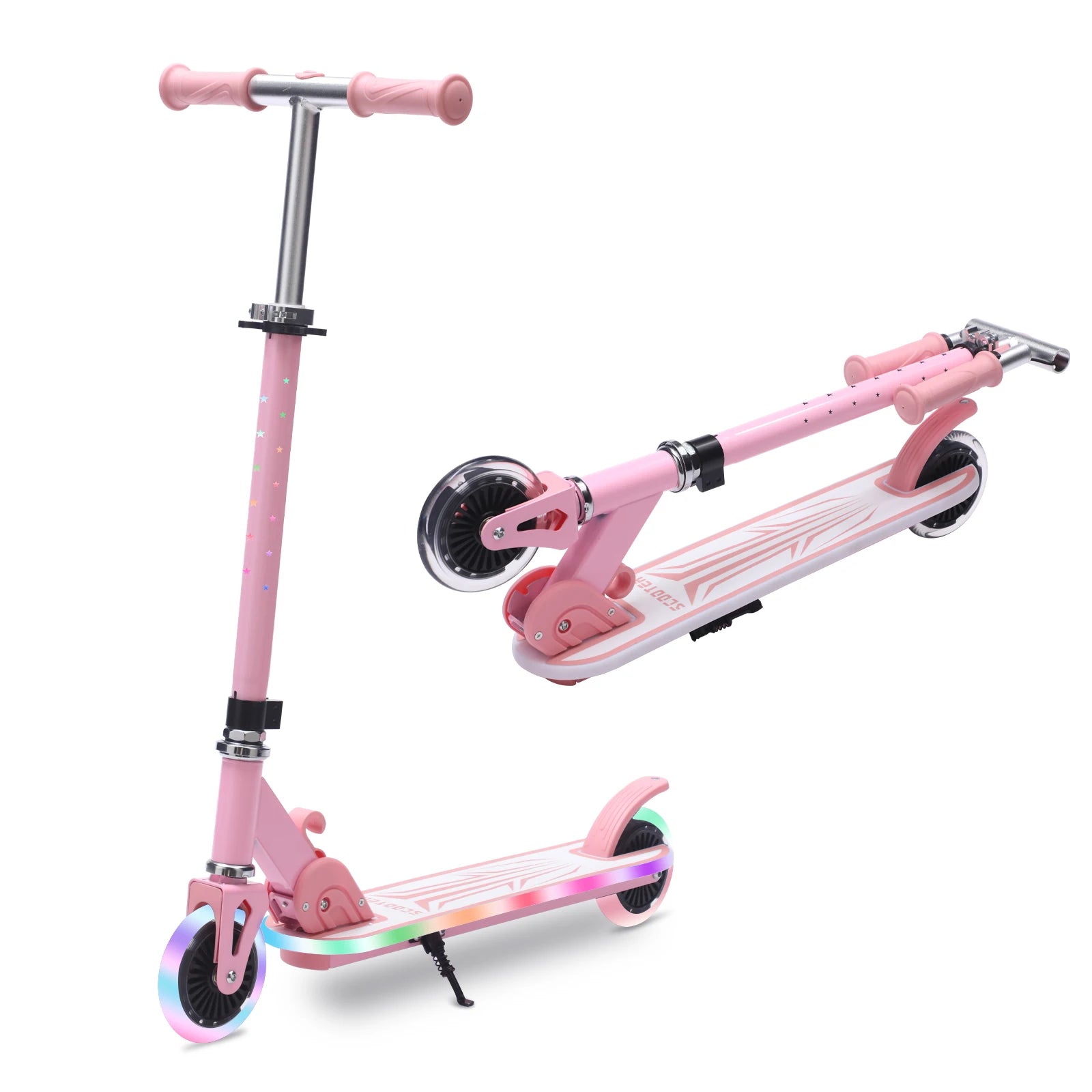 Kids Scooter One Click Folding, 4-Level Adjustable Handlebar 75-90cm, Rear Brake, Colourful Light-Up Wheels & Pedals 4.34" Tires