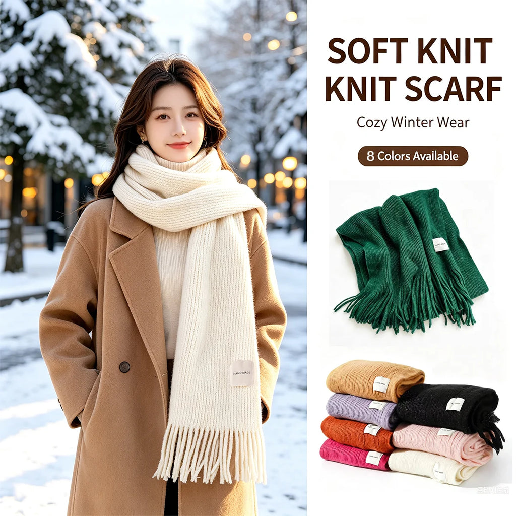 Women Solid Color Knitted Tassel Scarf