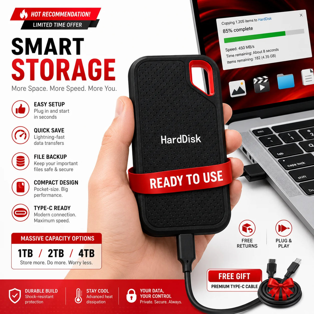 Portable SSD External Hard Drive 1TB 2TB USB-C Fast Storage Disk for Laptop Mac Phone Photo Backup