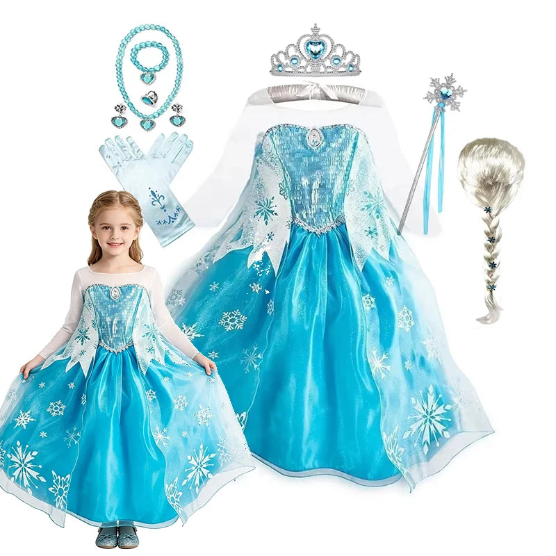 Girls Ice Snow Princess Cosplay Dress with Long Cloak