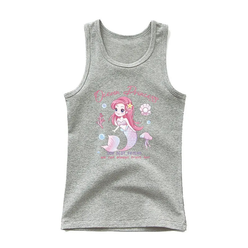 Girls Kawaii Ocean Princess Tanks Kids Sleeveless O-Neck Summer T-Shirt New Catoon Vest Top for Toddler Kids
