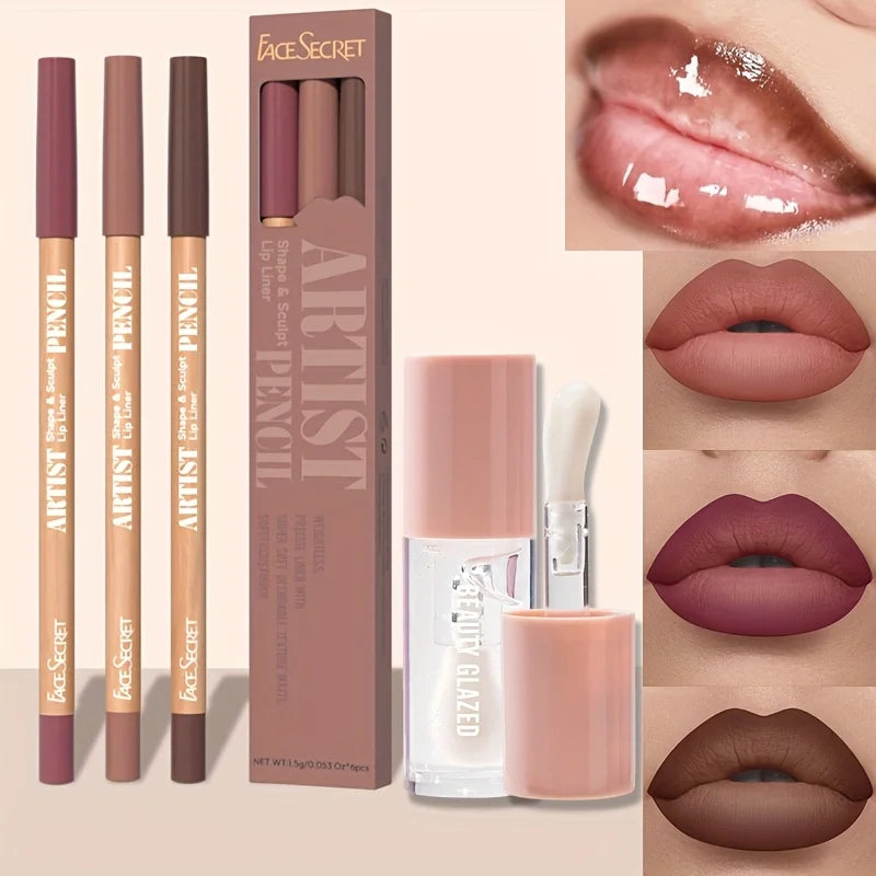 4pcs Matte Lipliner Lip Gloss Combo -Moisturizing Plumping Lip Oil