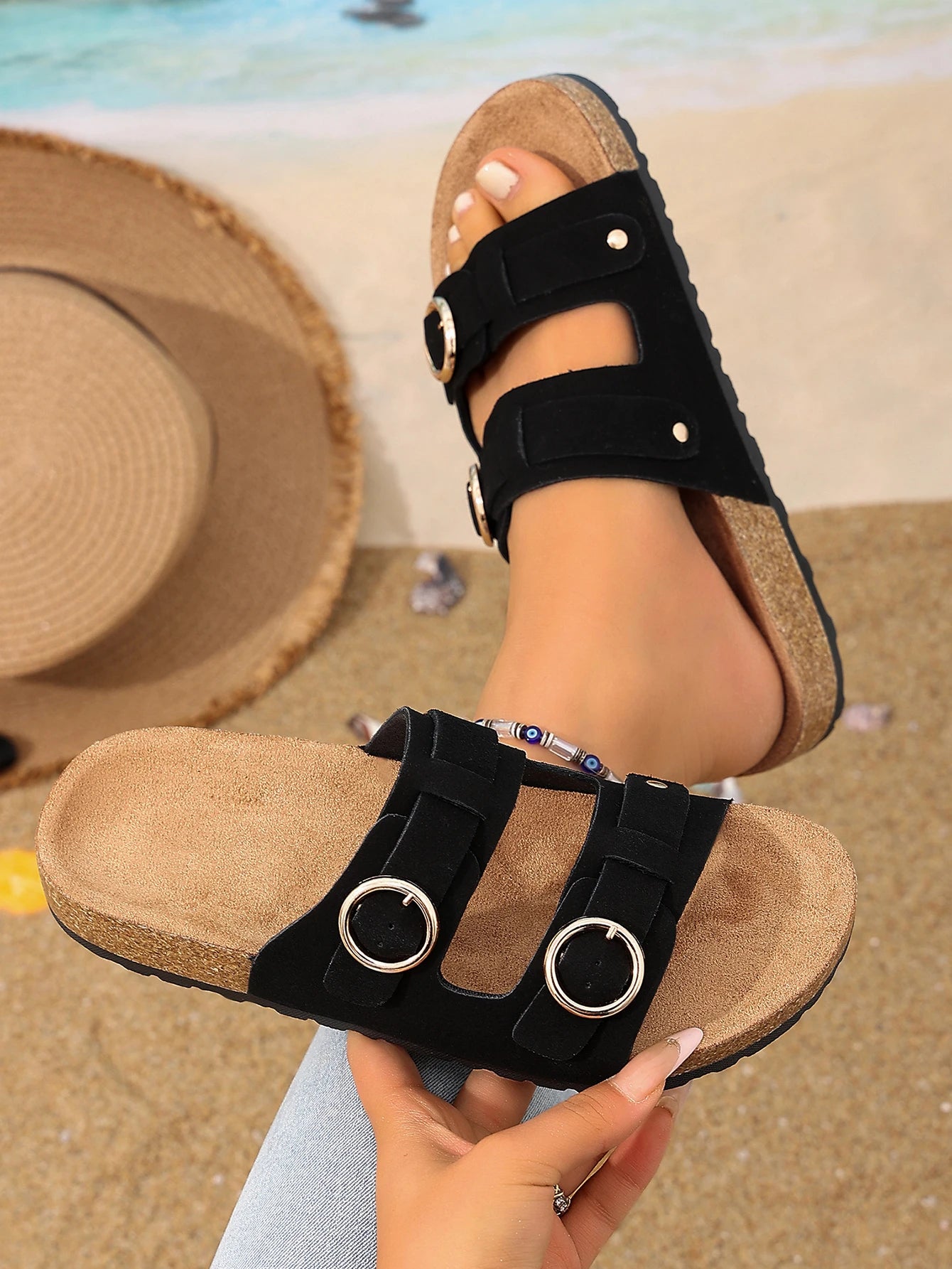 Women's All-Season Casual Simple Solid Color Pu Upper Cork-Patterned Flat Slip-On Sandals with Adjustable Round Buckle and Double Straps, Comfortable Beach Slide Sandals