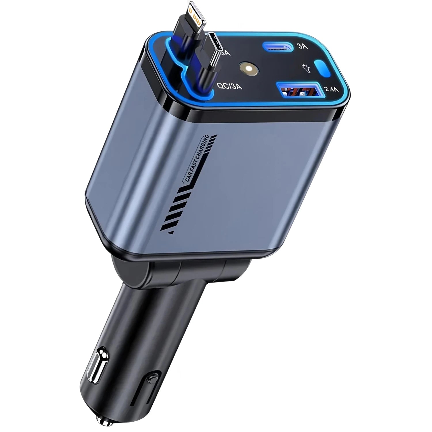 4 IN 1 Retractable Car Charger USB Type C Cable For IPhone Huawei Samsung Fast Charge Cord Cigarette Lighter Adapter