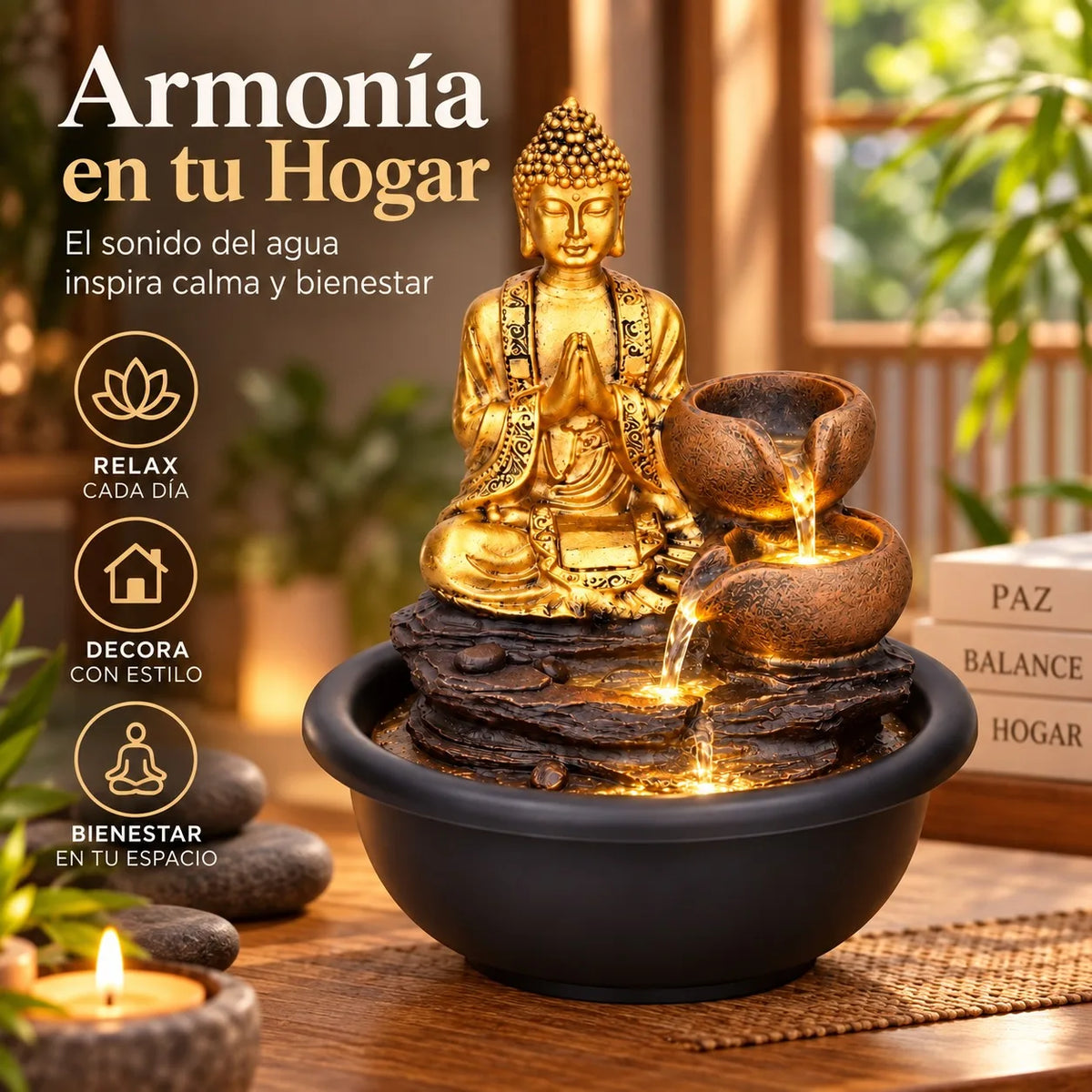 Decorative Buddha Water Fountain with LED Lighting for Indoor and Outdoor Use