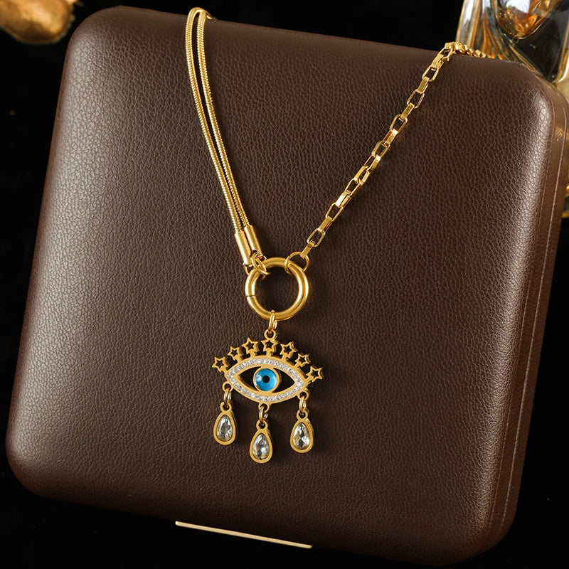 GANEMLY 316l Stainless Steel Metallic Gold Color Sun Pendant Necklace Women Chic Romantic Waterproof Neck Chain Jewelry Gift
