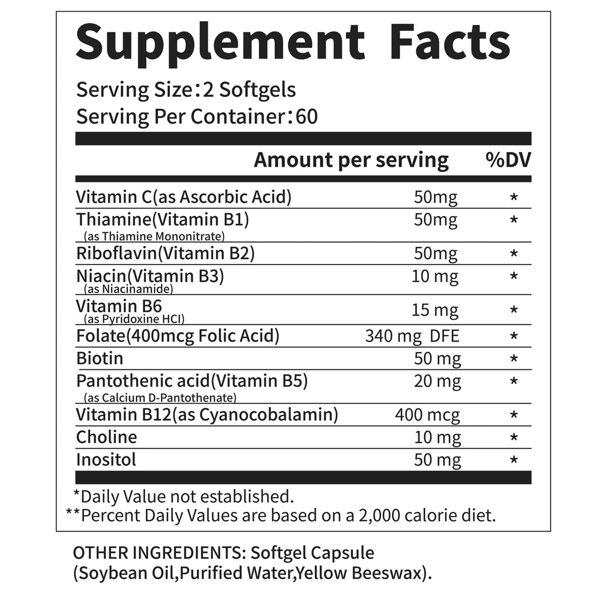 Vitamin B Complex for Energy, Brain & Heart Support - with B1, B2, B3, B5, B6, B12 with Vitamin C, Choline, Inositol