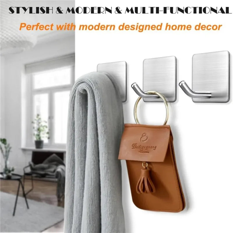 4Pcs No Drill Stainless Steel Self Adhesive Wall Hooks Heavy Duty Bathroom Kitchen Towel Storage Hanger