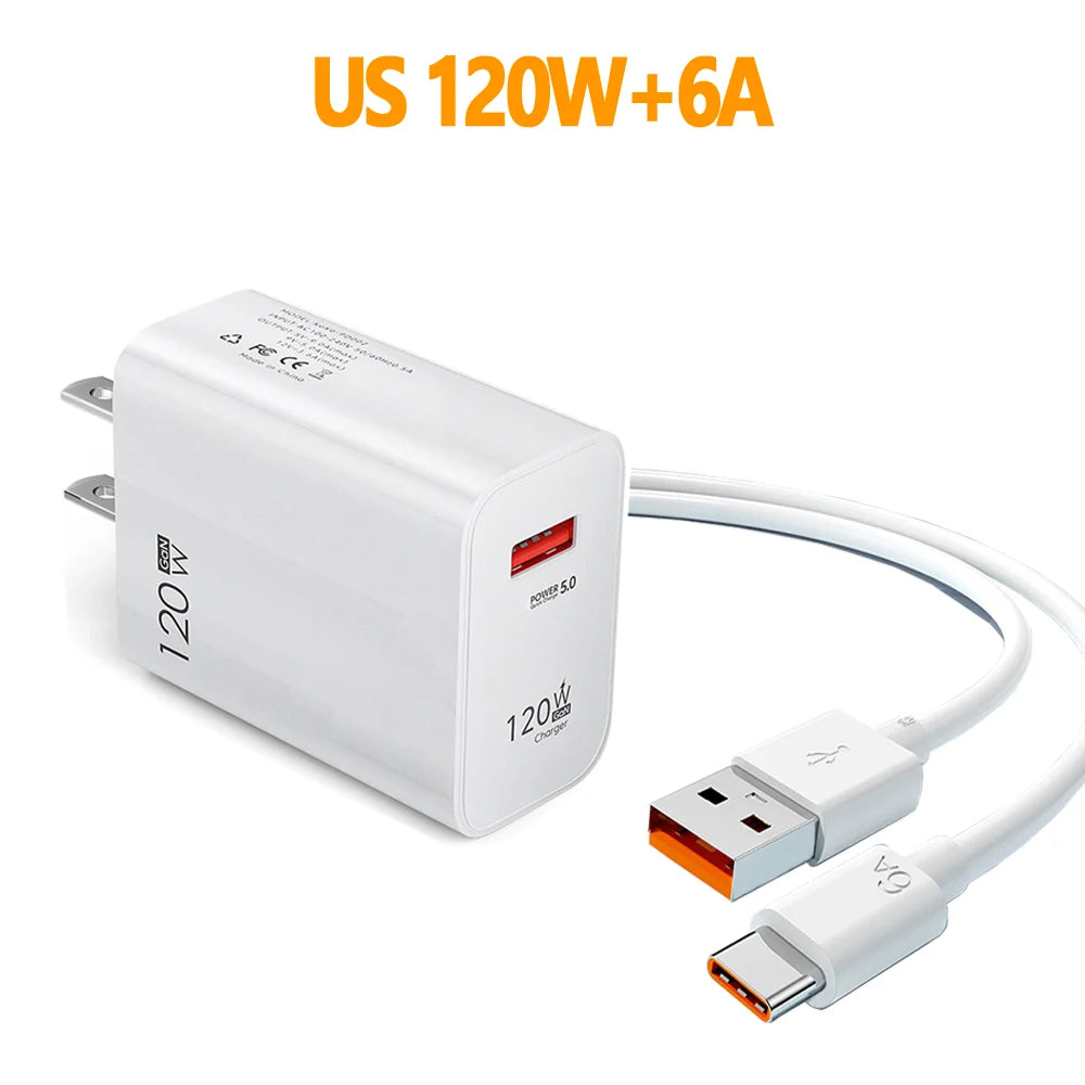 120W USB Fast Charging Charger Type C Cable Quick Charge Phone Adapter for Xiaomi 14 Redmi Oneplus Huawei Samsung Wall Charger