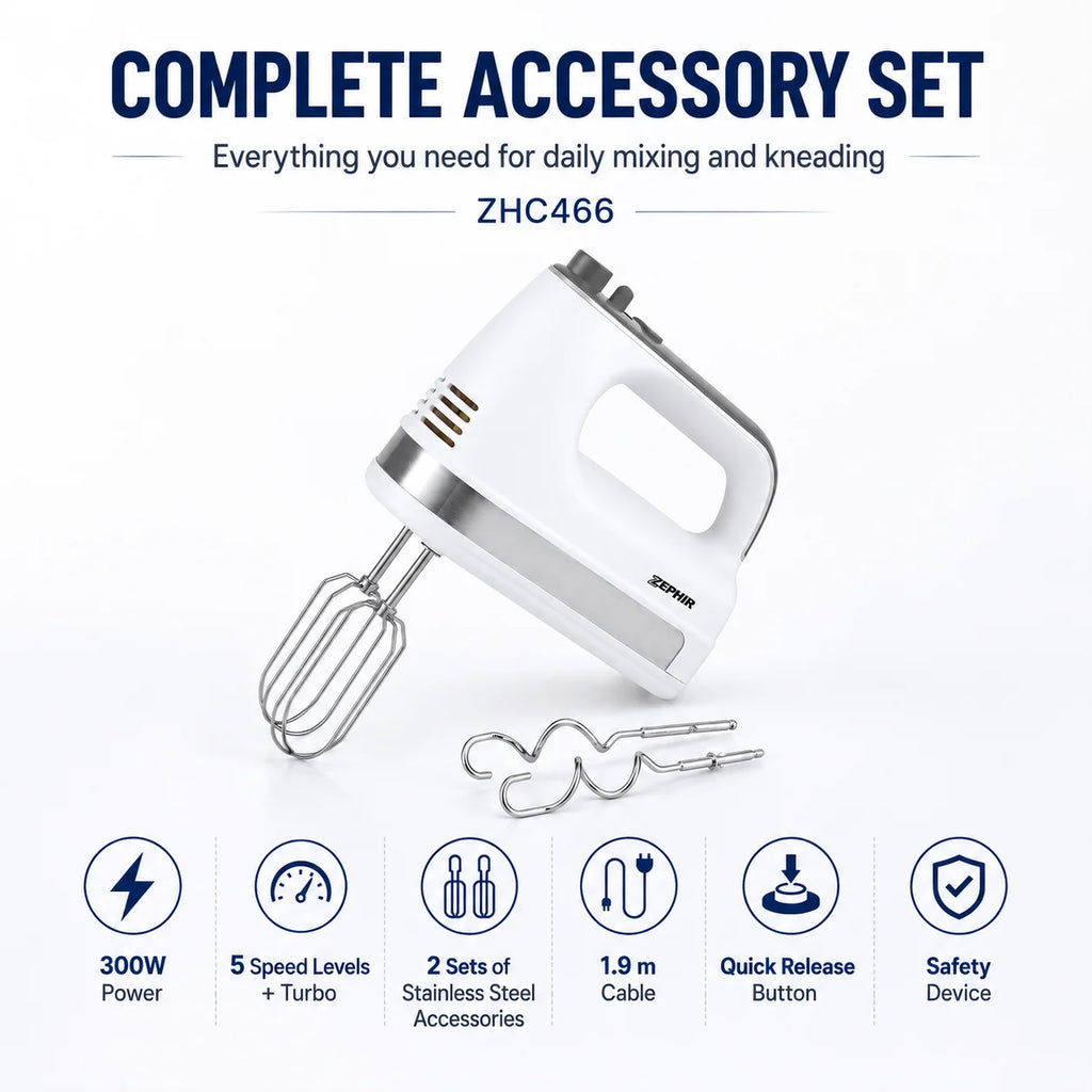 ZEPHIR ZHC466 300W 2 in 1 Electric Hand Mixer 5 Speed Turbo with Stainless Steel Beaters