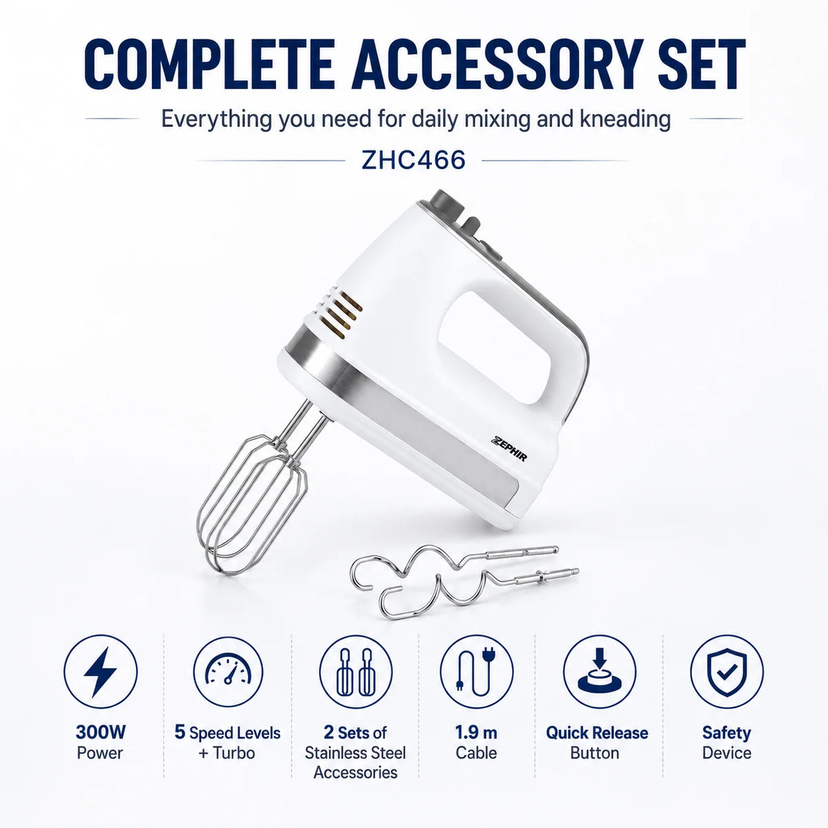 ZEPHIR ZHC466 300W 2 in 1 Electric Hand Mixer 5 Speed Turbo with Stainless Steel Beaters