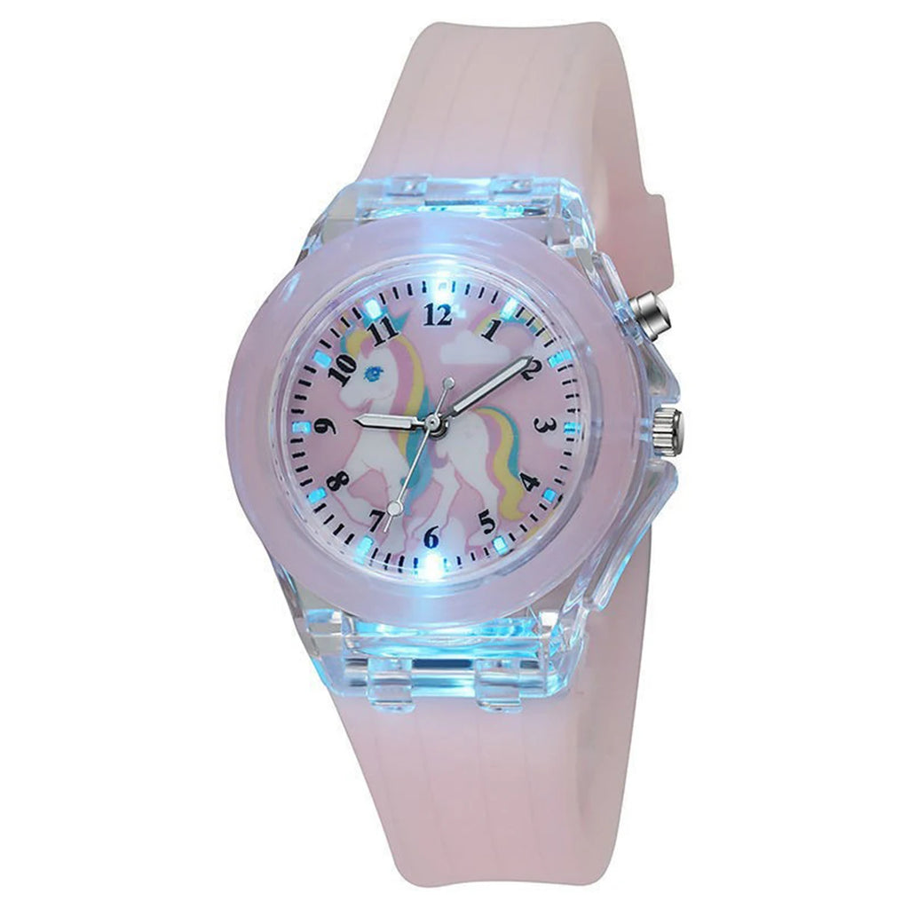 Children's wristwatch set featuring unicorn silicone quartz watch and feather bracelet, emits light, does not include the box